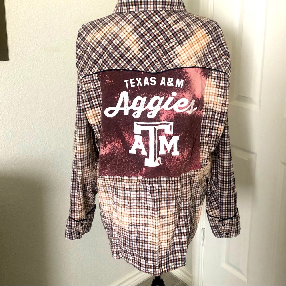 Aggies t-shirt patch on bleached flannel